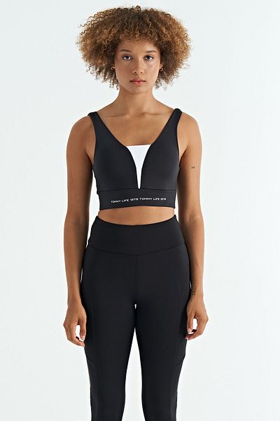 TOMMY LIFE Bustieră pentru femei din țesătură de scufundări slim fit cu imprimare text negru - alb - 97271