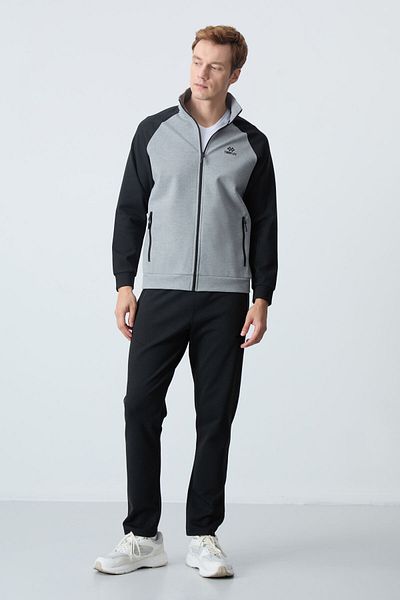 TOMMY LIFE Grey Melange - Black Stand Guler Culoare dublă Forma confortabilă Set de trening pentru bărbați cu picior clasic - 85113