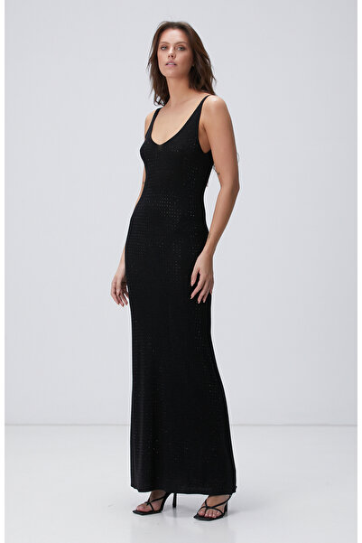 Network Siyah Taşlı Maksi Abiye Elbise