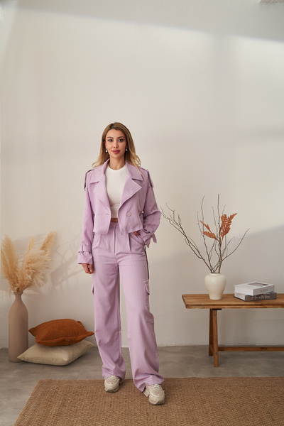 Rabia Çelik Kadın Lila Çizgili Kargo Pantolon Kısa Trençkot Takım Elbise