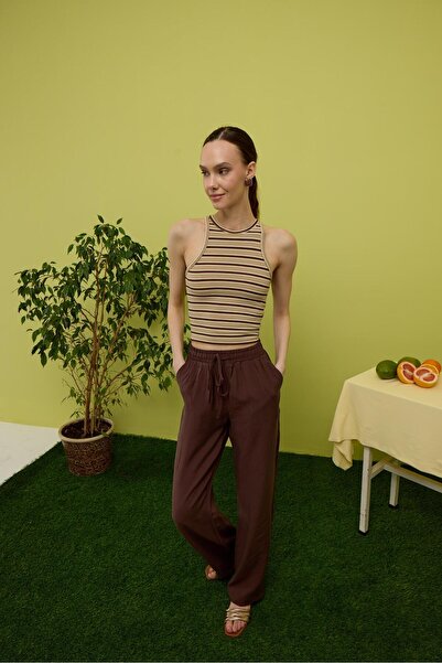 TUBİA Γυναικεία μπλούζα καφέ ριγέ μηδενικό μανίκι