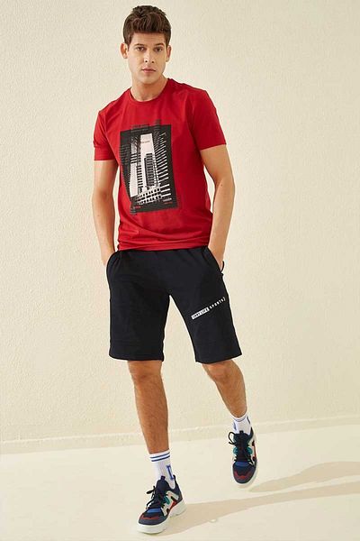 TOMMY LIFE Pantaloni scurți pentru bărbați cu text imprimat albastru bleumarin - 81155