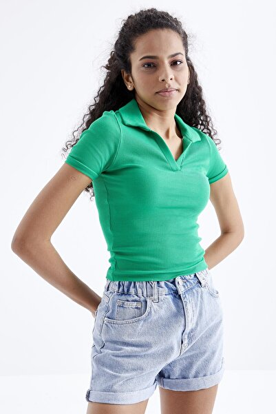 TOMMY LIFE Green Polo Neck Basic Short Sleeve Women's Crop Top T-Shirt - 97208