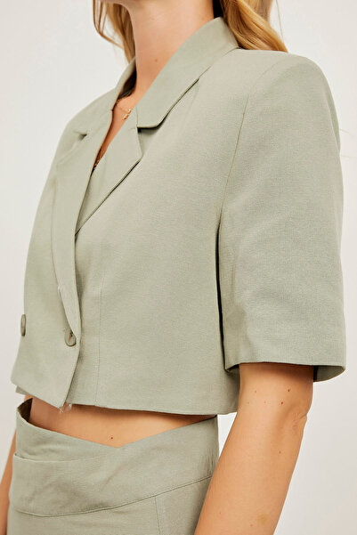 Arma Life Women's Office Style Buttoned Basic Tight Green Crop Jacket