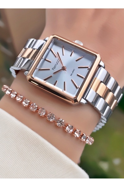 Ferrucci Brand Rose Silver Color Steel Square Case 2 Years Warranty Women Wrist Watch - Bracelet Gift