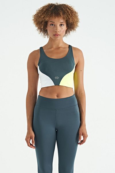 TOMMY LIFE Forest Green Logo Printed Color Blocked Back Cross Detailed Diving Fabric Women's Bustier - 97260