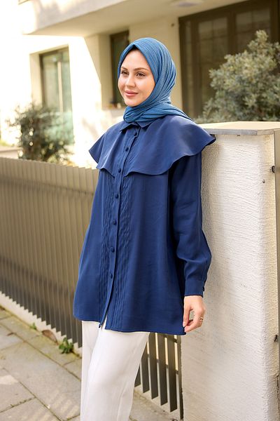 LOCCO Γυναικείο πουκάμισο με ραφές Navy Blue