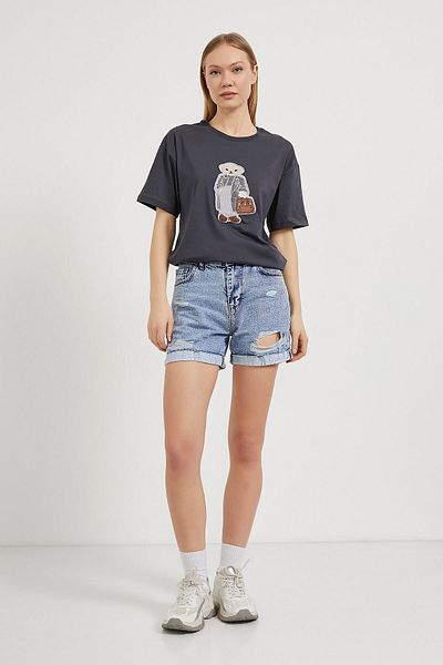 Arma Life Tricou cu mânecă scurtă și lung afumat pentru femei cu broderie ursuleț