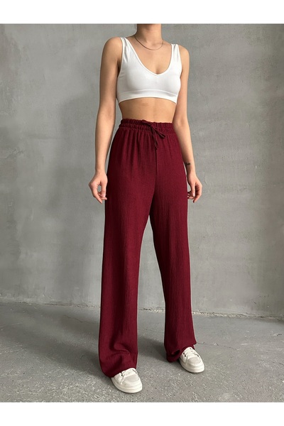 BEJNA Damskie bordowe spodnie palazzo z elastyczną talią