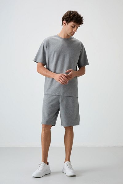AIR JONES Ανδρικό Σετ βαμβακερό σορτς Oversize Grey Melange - Χοντρή απαλή υφή - 85249