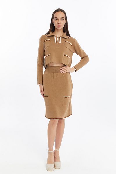 CNR TEKSTİL Collar and Pocket Patterned Short Sweater Skirt Suit
