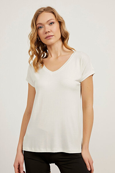 Arma Life Women's Loose V-Neck Short Sleeve Loose Viscose Ecru T-Shirt