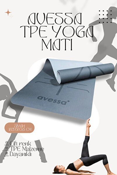 AVESSA TPE-10 Çift (Taraflı) Renk 0,60 mm Siyah Yoga Matı – Kaymaz Yüzey, Yük...