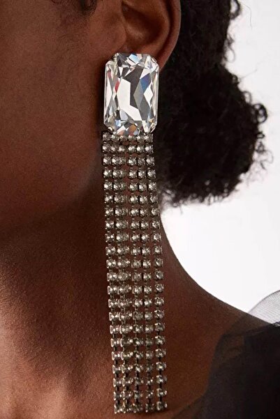 TAKIŞTIR Silver Color Stone Detailed Dangle Evening Dress Earrings (Pair)