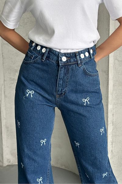 macharel jeans Blugi cu picior lat, cu broderie cu panglică