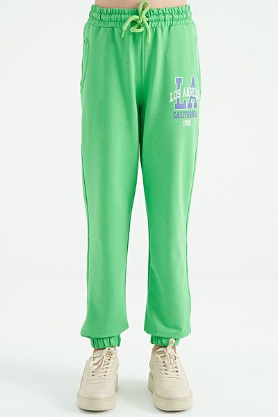TOMMY LIFE Neon Green Text Embroidered Standard Fit Jogger Girl's Tracksuit Bottom - 75120