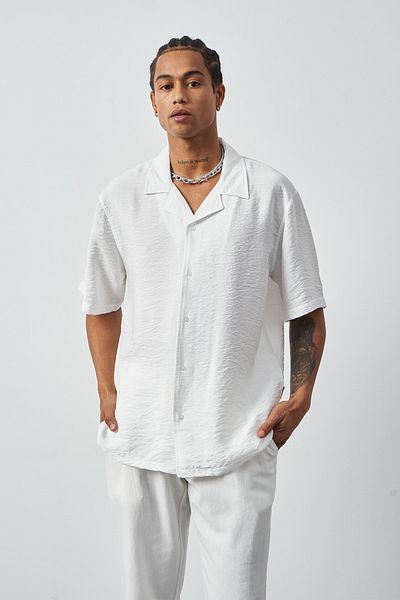 Mesfeno Men's Printed Oversize Shirt, 100% Viscose, Soft Key Fabric, Cuban Collar, Short Sleeve Shirt
