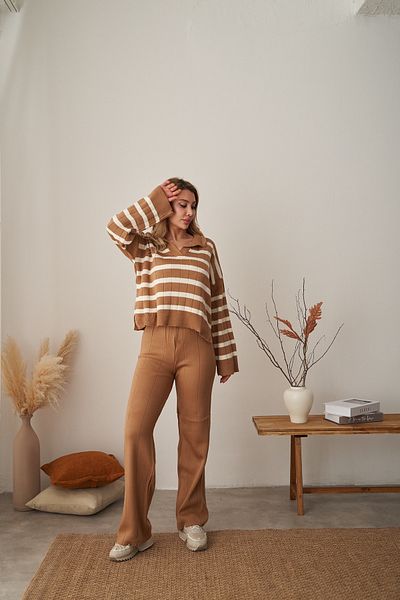 Rabia Çelik Women's Brown Striped Elastic Waist Knitwear Sweater Pants Bottom Top Set