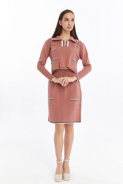 CNR TEKSTİL Collar and Pocket Patterned Short Sweater Skirt Suit