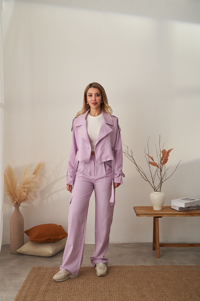 Rabia Çelik Kadın Lila Çizgili Kargo Pantolon Kısa Trençkot Takım Elbise