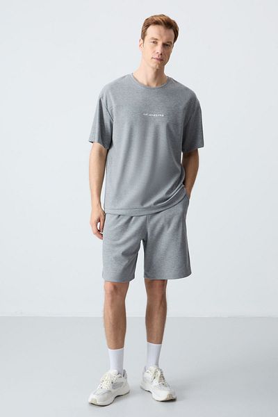 AIR JONES Set pantaloni scurți oversize din bumbac gri Melange pentru bărbați - Model de bază cu textura moale groasă - 85257