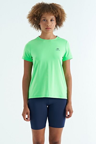 TOMMY LIFE Neon Green Back Slit Detailed O Neck Short Sleeve Standard Fit Women's T-Shirt - 97267