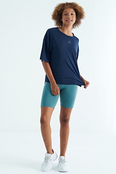 TOMMY LIFE Indigo O-Neck Print Λεπτομερές oversize κοντομάνικο γυναικείο μπλουζάκι - 97263