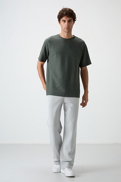 AIR JONES Ανδρικό μπλουζάκι Khaki Waffle Interlock Surface Texture Oversize Fit Basic - 88379