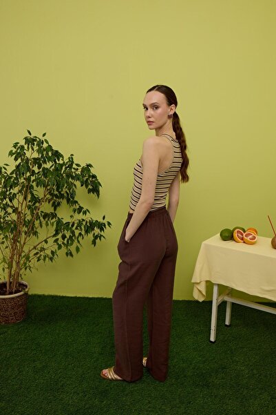 TUBİA Γυναικεία μπλούζα καφέ ριγέ μηδενικό μανίκι