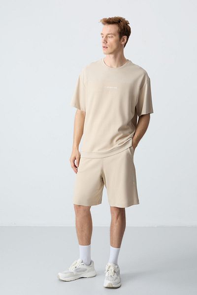 AIR JONES Μπεζ Comfort Fit Basic ανδρικό σορτς - Χοντρή απαλή υφή, βαμβακερό - 85257