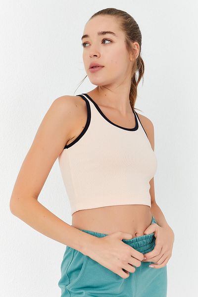 TOMMY LIFE Tricou crop top pentru femei Salmon Basic, cu mâneci zero, cu decolteu în U - 97162