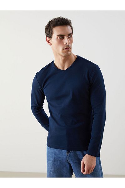 LC Waikiki Ανδρικό φούτερ LCWAIKIKI Basic Navy Blue με λαιμόκοψη V με μακρύ μανίκι