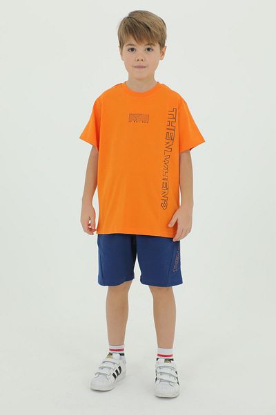 Black One Crew Neck Boy's Print Detailed T-Shirt and Shorts Double Set