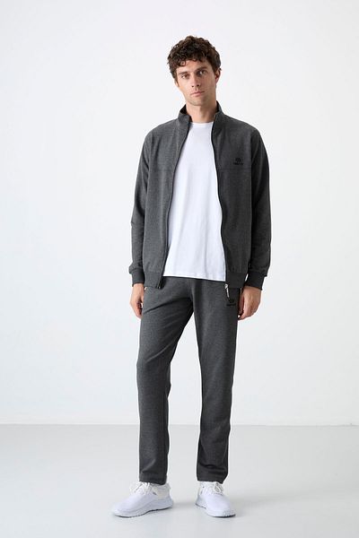 TOMMY LIFE Σετ ανδρικές αθλητικές φόρμες Anthracite Melange - Σταντ γιακά, με φερμουάρ, Άνετη φόρμα, Classic Leg - 85072