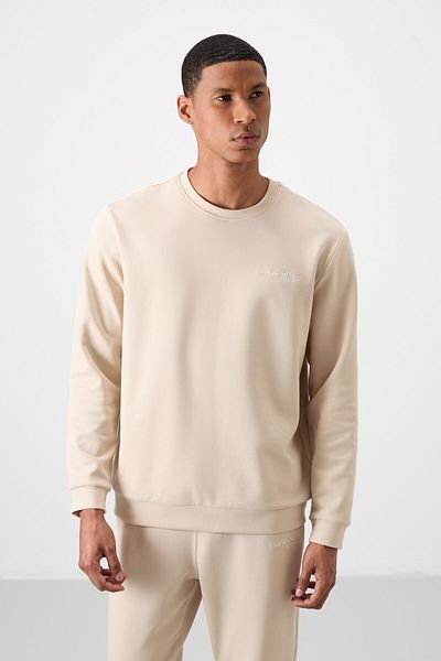 AIR JONES Μπεζ βαμβακερή χοντρή απαλή υφή Comfort Fit κεντημένη ανδρική φόρμα - 85254