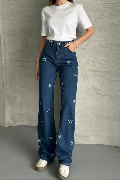 macharel jeans Blugi cu picior lat, cu broderie cu panglică