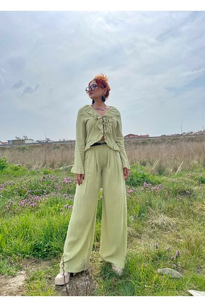Tumtum Wear Oil Green Belt Detailed Palazzo Pantalon