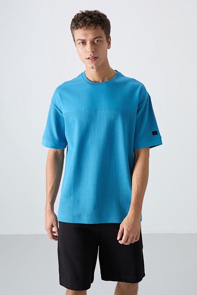TOMMY LIFE Ανδρικό μπλουζάκι Petrol Blue Cotton Thick Surface Textured Oversize Fit Basic - 88340