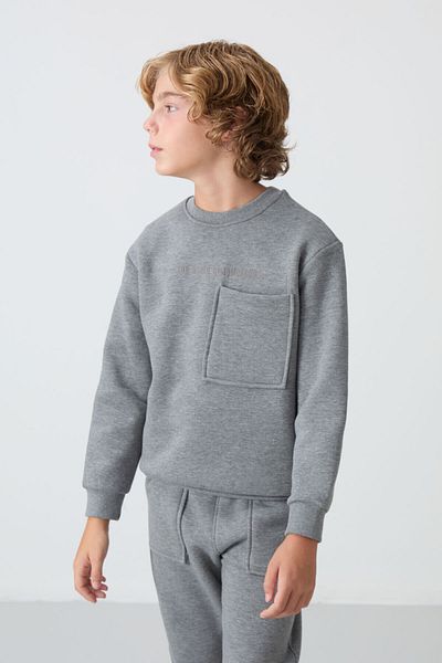 TOMMY LIFE Boy's Tracksuit Set - Gray Melange, Cotton, Thick Fur Inside, Soft Texture, Printed -