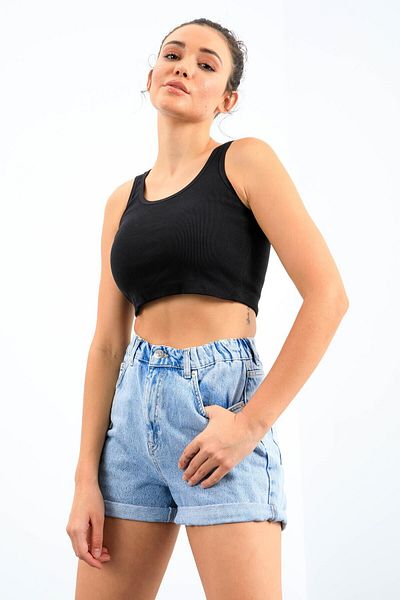 TOMMY LIFE Tricou crop top pentru femei, albastru bleumarin, cu mâneci zero, cu decolteu în U - 97162