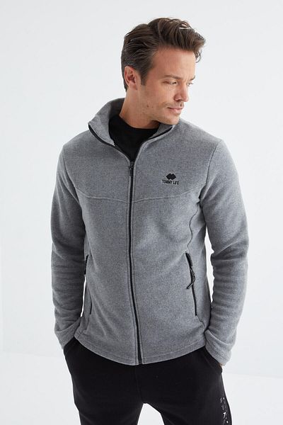 TOMMY LIFE Stand Collar Gray Melange Men's Fleece Sweatshirt - Zippered, Standard Size - 88134