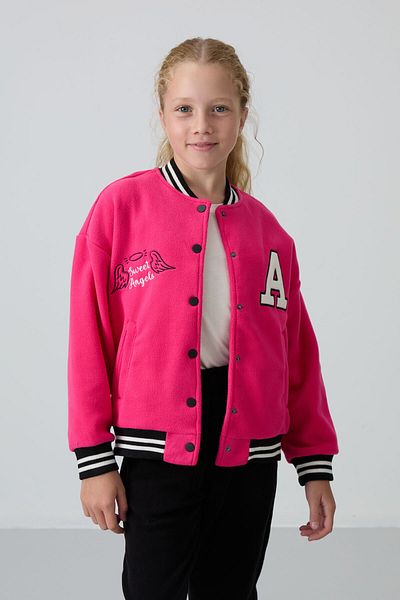 TOMMY LIFE Jachetă pentru fete din fleece brodat fucsia - textura moale groasă, potrivire standard - 75156