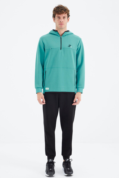 TOMMY LIFE Sea Green - Black Hooded Men's Tracksuit Set with Half Zipper and ...