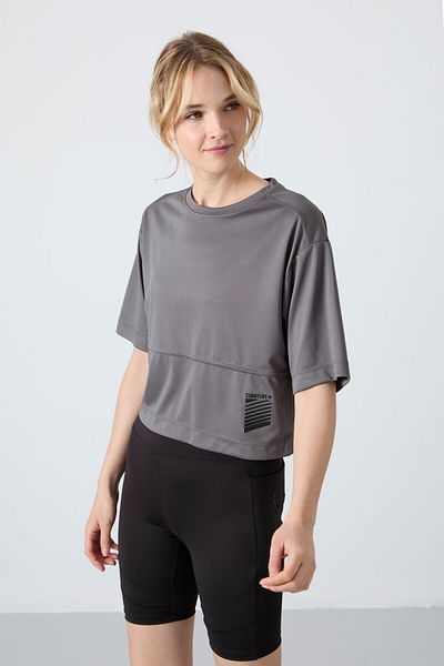 TOMMY LIFE Dark Gray Breathable Textured Thin Flexible Oversize Fit Performance Women's T-Shirt - 97284