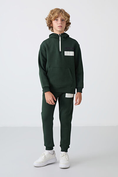 TOMMY LIFE Ανδρικό κοστούμι αθλητικής φόρμας με στάνταρ εφαρμογή, με πράσινο βαμβακερό χρώμα και χοντρό ύφασμα με επένδυση - 11246