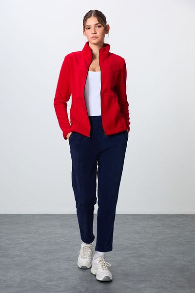 TOMMY LIFE Set de trening pentru femei, cu guler brodat, supradimensionat, din fleece - roșu/albastru marin, textura moale groasă -95339