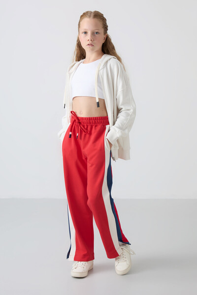 TOMMY LIFE Light Red Girl's Sweatpants with Wide Leg and Slit Detail - 75141