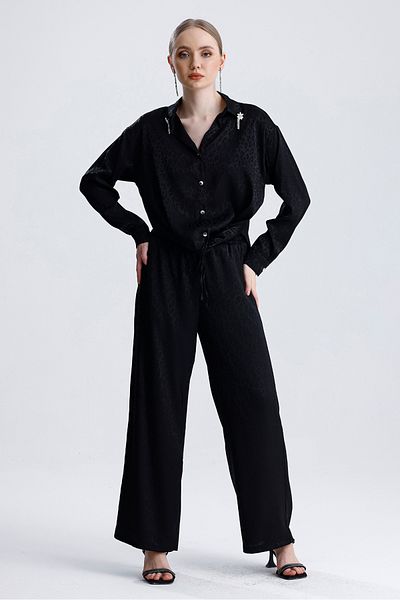 MD trend Women's Patterned Collar Stone Detailed Tie Satin Shirt and Trousers Double Set