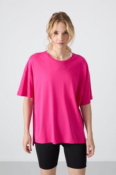 TOMMY LIFE Fuchsia Soft Combed Cotton Modal Oversize Women's T-Shirt - 97285