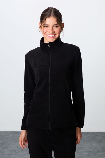 TOMMY LIFE Σετ γυναικεία αθλητική φόρμα Stand Collar Oversize Κεντημένη Μαύρη Fleece -95339